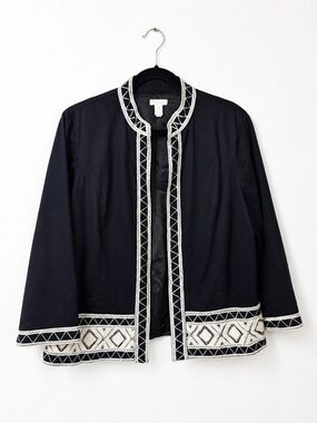 Chico's Size 2 Large Black Embroidered Jacket Boho Art to Wear Southwestern